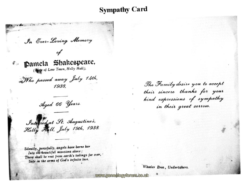 Pamela Shakespeare (nee Gennard) Sympathy Card