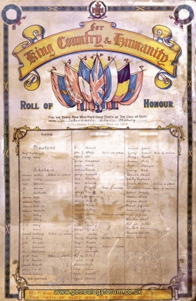 Oldbury - Tabernacle Schools - WW1 Roll Of Honour