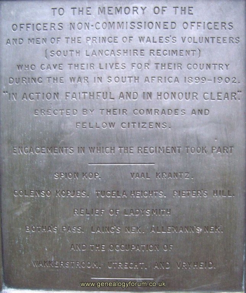 Cheshire - Warrington Memorial to the South Lancs in South Africa