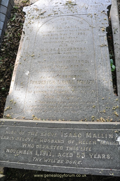 Mallin â€“ Ada, (wife of Isaac) dau Hilda, son Cpl Frederick (K.I.A.) & Isaac (husband of Helen)