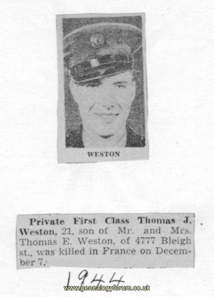 Thomas Joseph WESTON b.1923 Philadelphia USA - K.I.A. France 1944.
