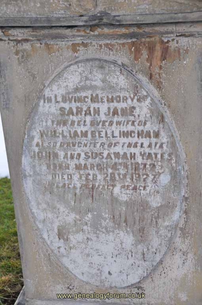 Bellingham - Sarah Jane (wife of William/dau of John & Susannah Yates)