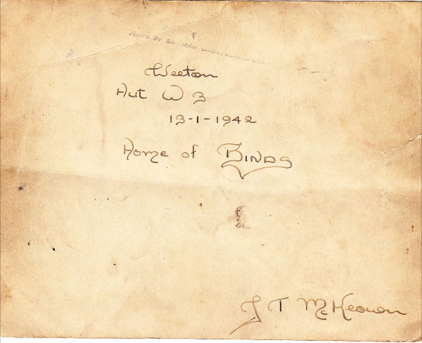 The second attachment shows the back of the photo with the words 'Weeton Hut W3, 13/01/1942, Home of Binds'